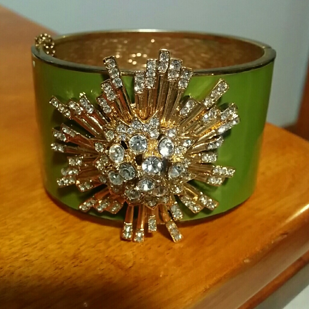 J Crew Cuff Green Starburst Gold Enamel Rhinestone